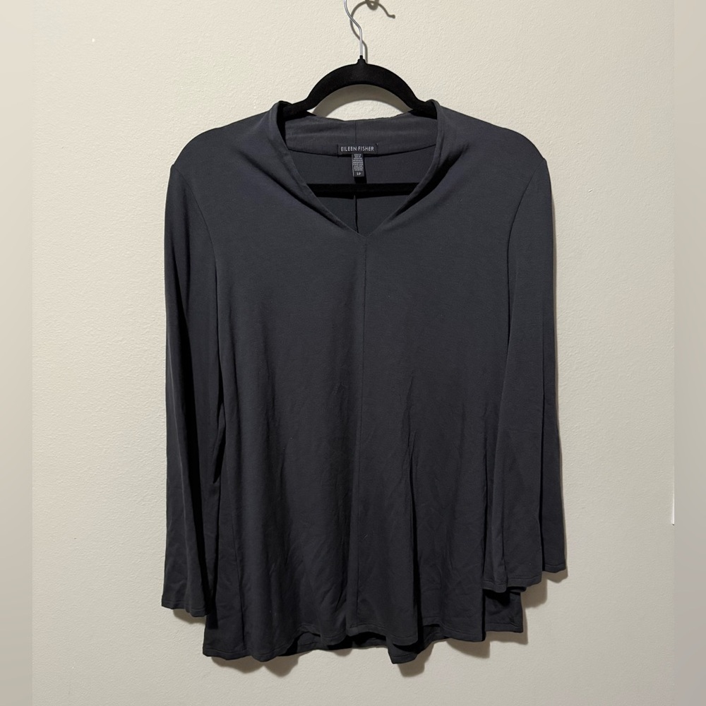 Eileen Fisher Black Blouse Small Professional Tencel Long Sleeve V Neck EUC